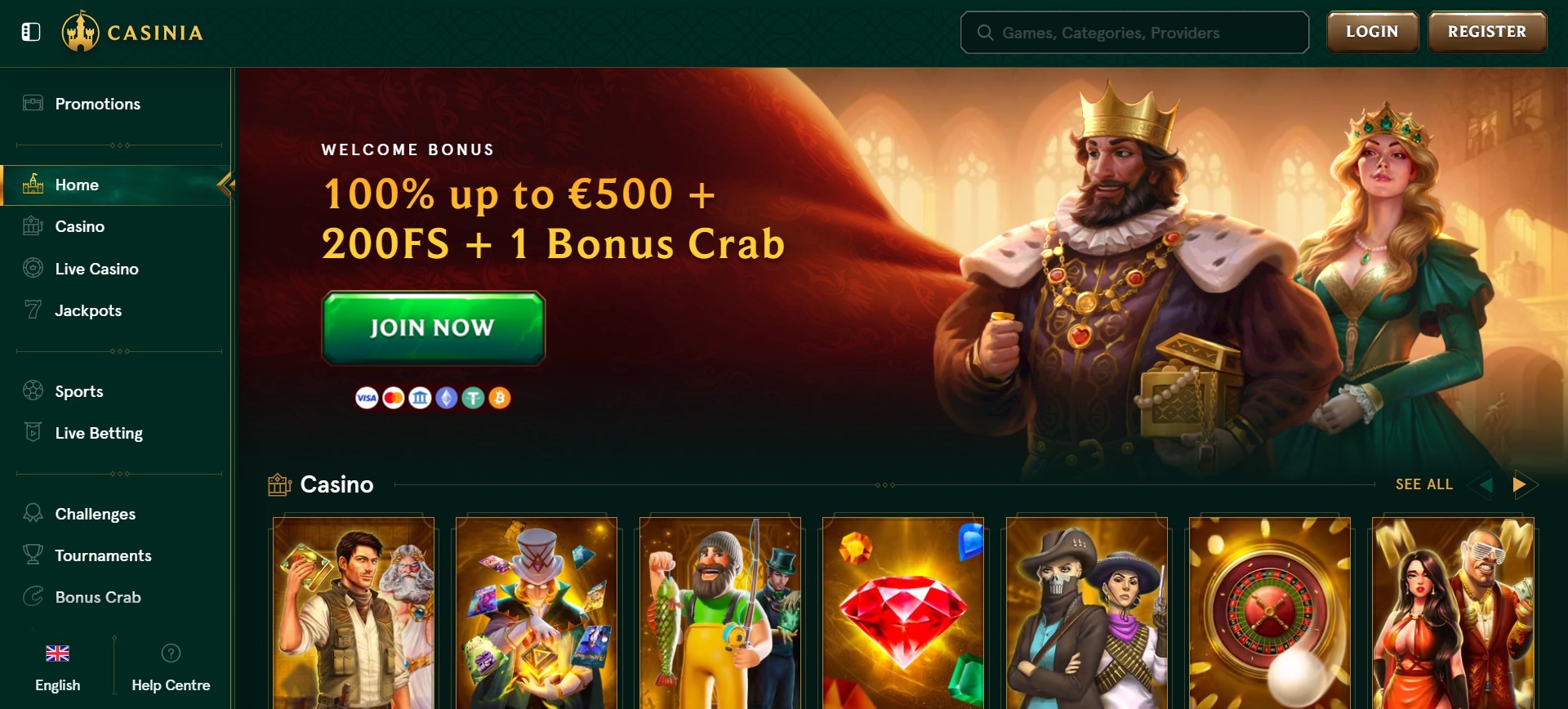 screenshot van Casinia Casino startpagina