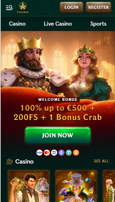 mobiele screenshot van Casinia Casino startpagina