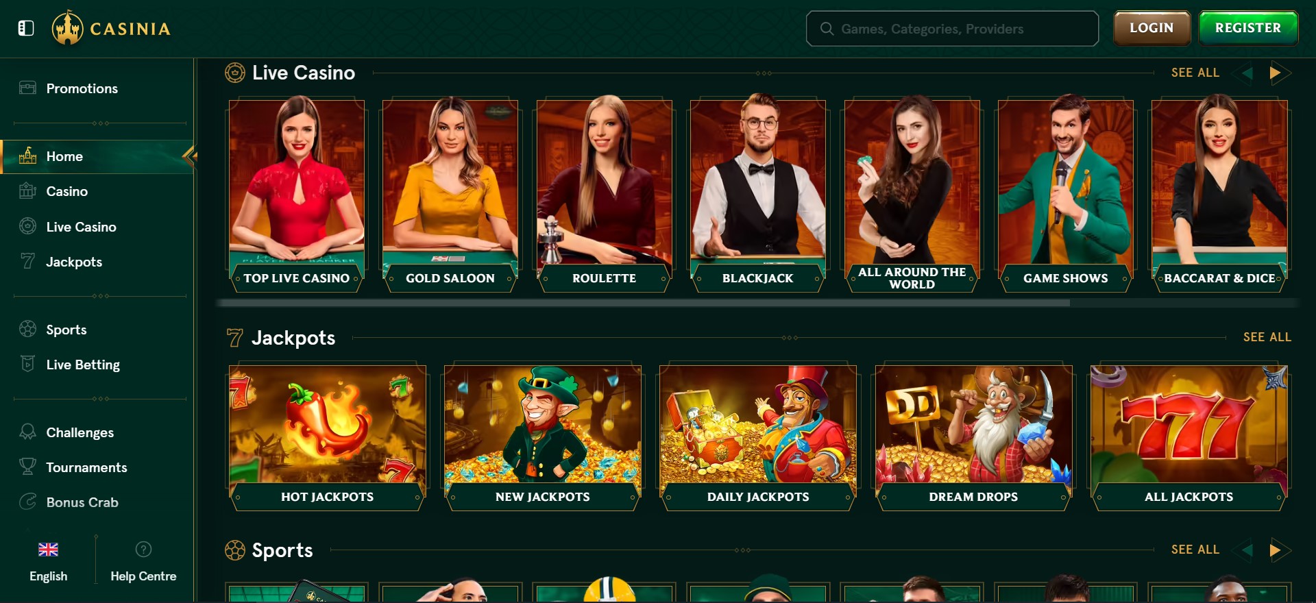 mobiel screenshot van live casino's bij Casinia Casino