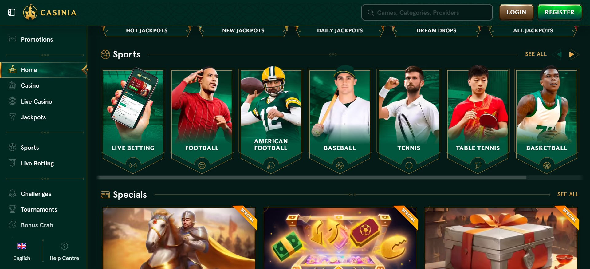 screenshot van sportweddenschappen bij Casinia Casino