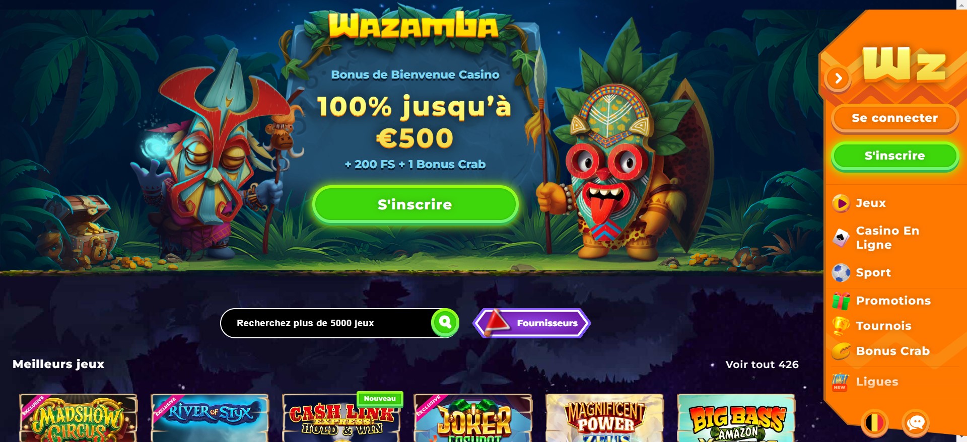 Wazamba Casino startpagina screenshot