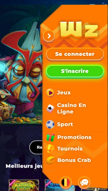 mobiel menu op de website van Wazamba Casino