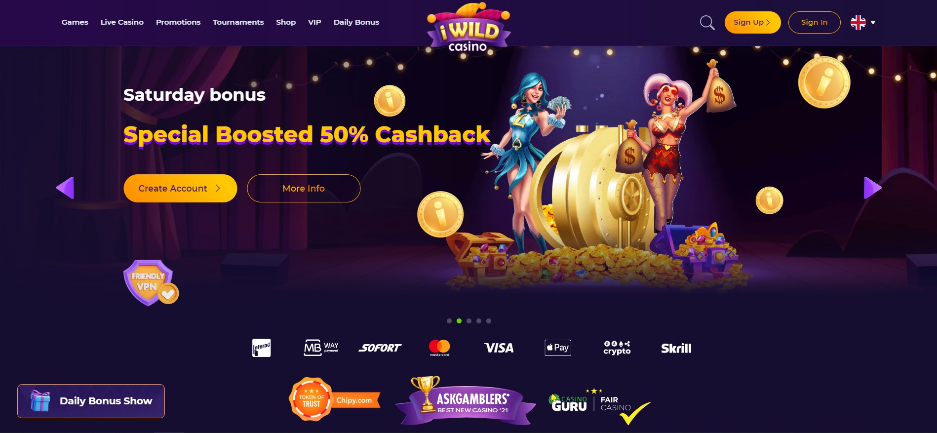 een screenshot van de iWild Casino homepage