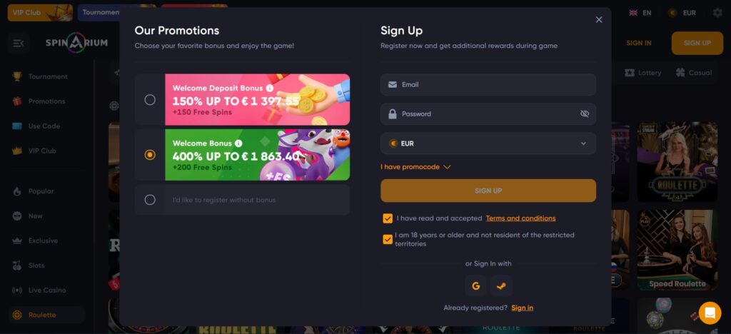 Spinarium Casino reg