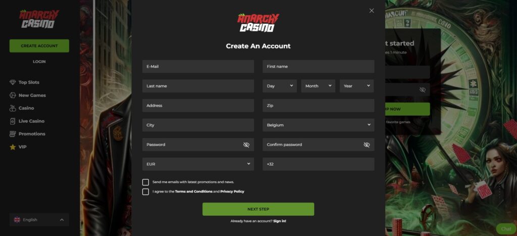 Registreren bij Anarchy Casino