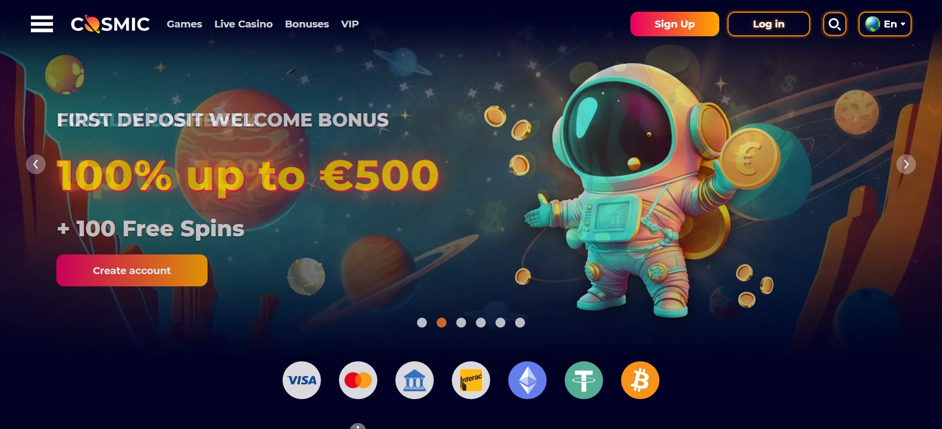 screenshot van cosmicslot casino startpagina