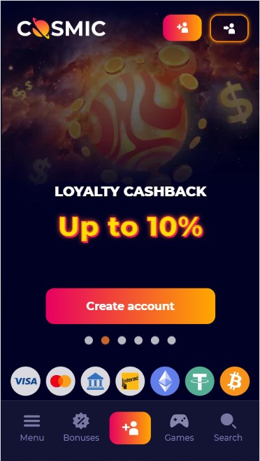 mobiele screenshot van cosmicslot casino startpagina
