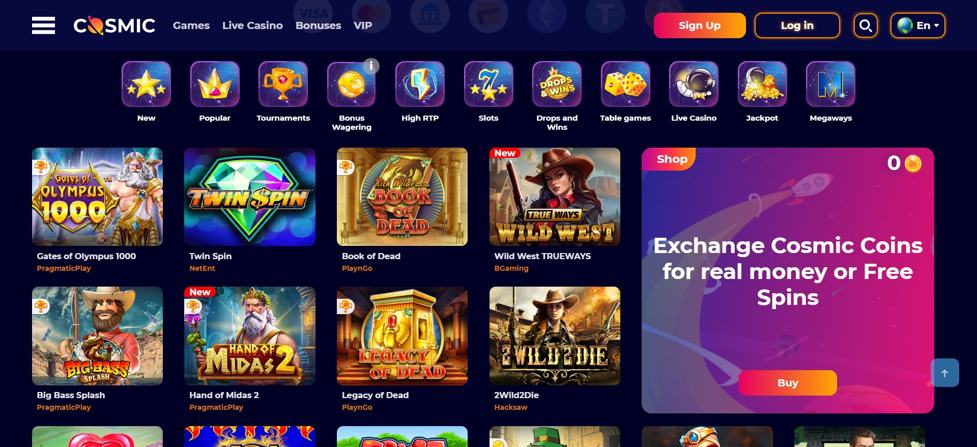 screenshot van de winkel bij cosmicslot casino