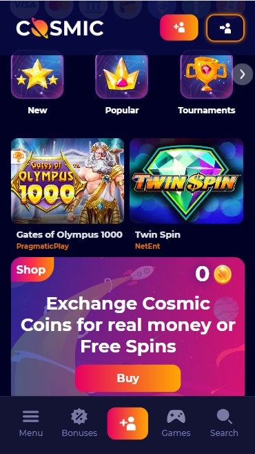 mobiele screenshot van de winkel bij cosmicslot casino