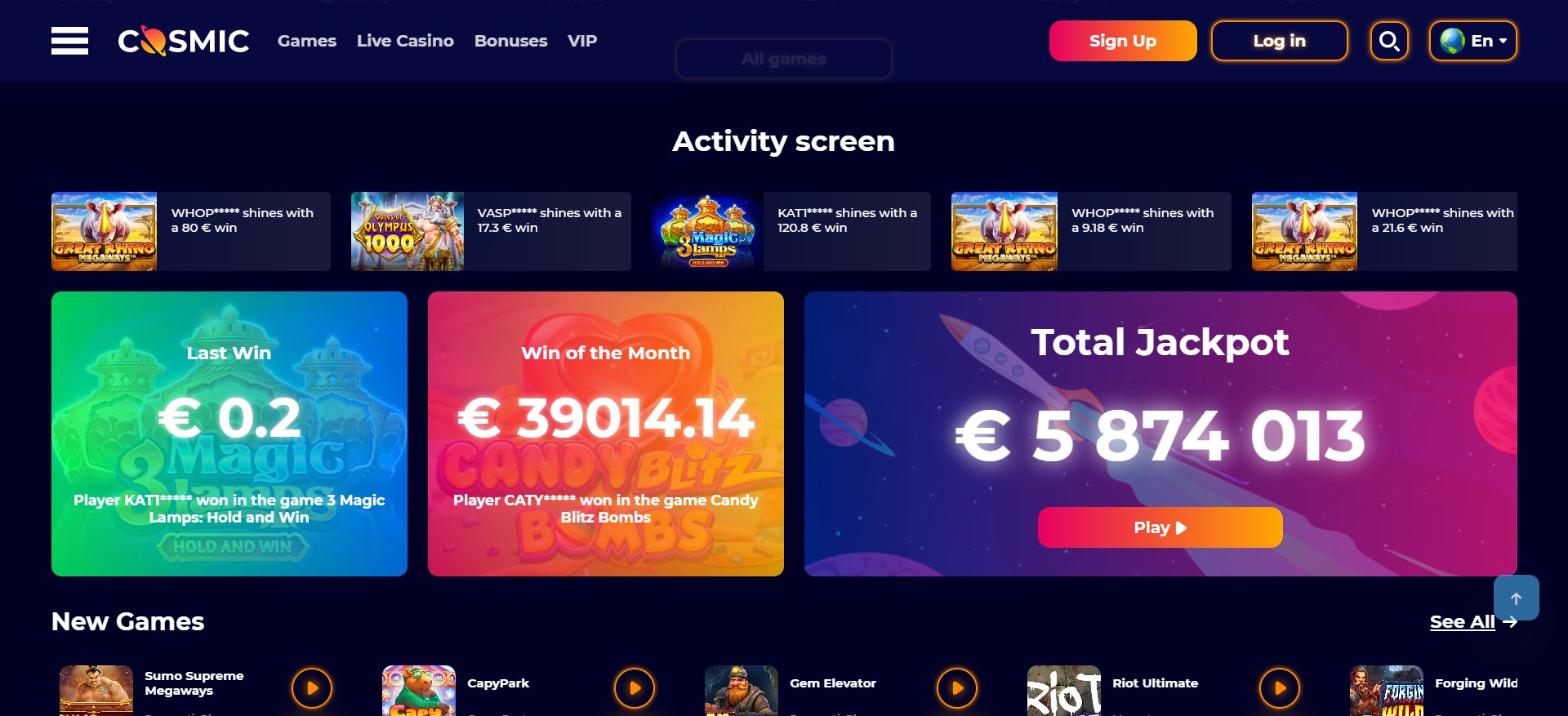 screenshot van winsten bij cosmicslot casino
