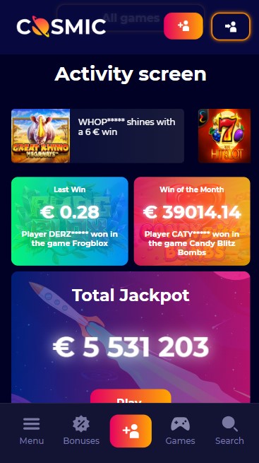 mobiele screenshot van winsten bij cosmicslot casino