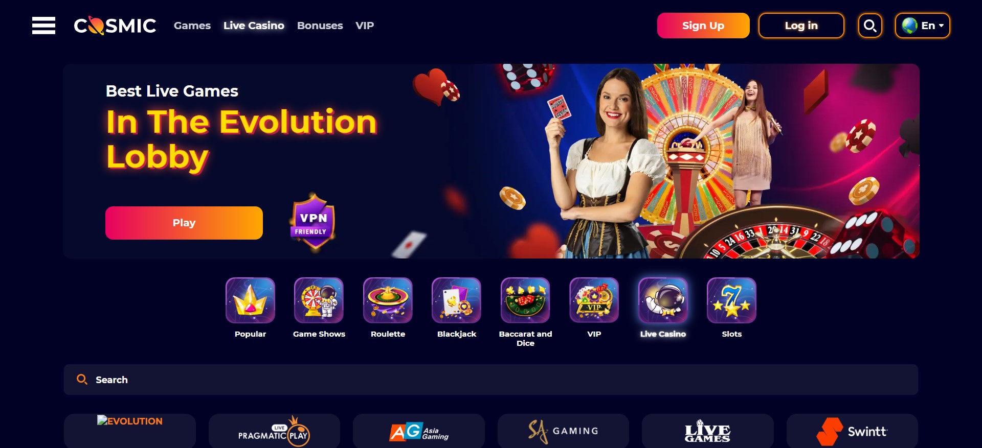 screenshot van live casino's bij cosmicslot casino